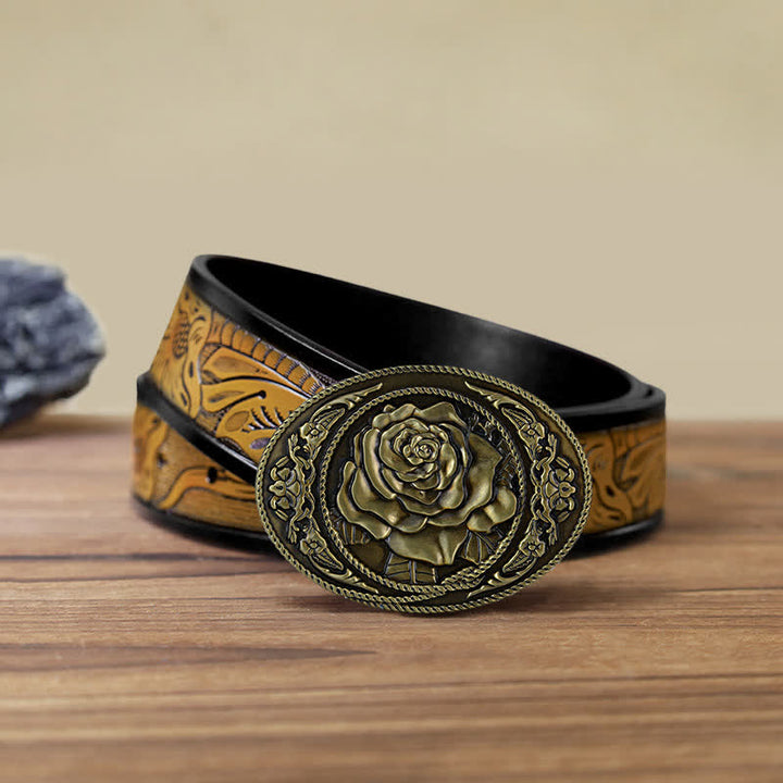 Men's DIY Trendy Western Rose Buckle Leather Belt