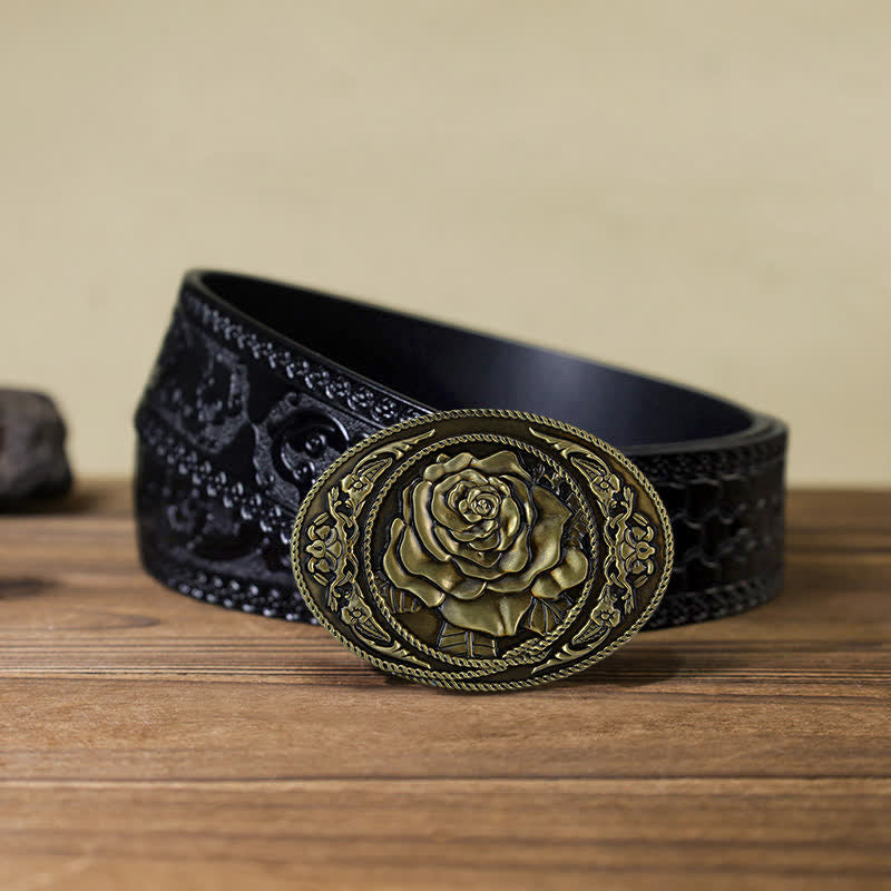 Men's DIY Trendy Western Rose Buckle Leather Belt