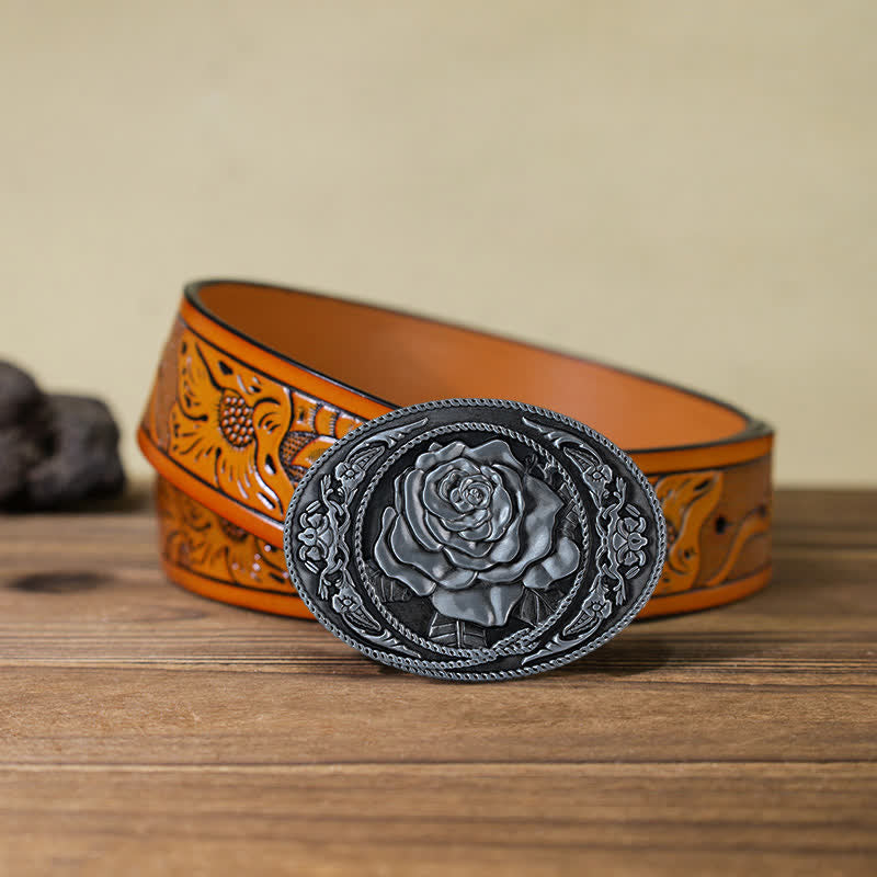 Men's DIY Trendy Western Rose Buckle Leather Belt