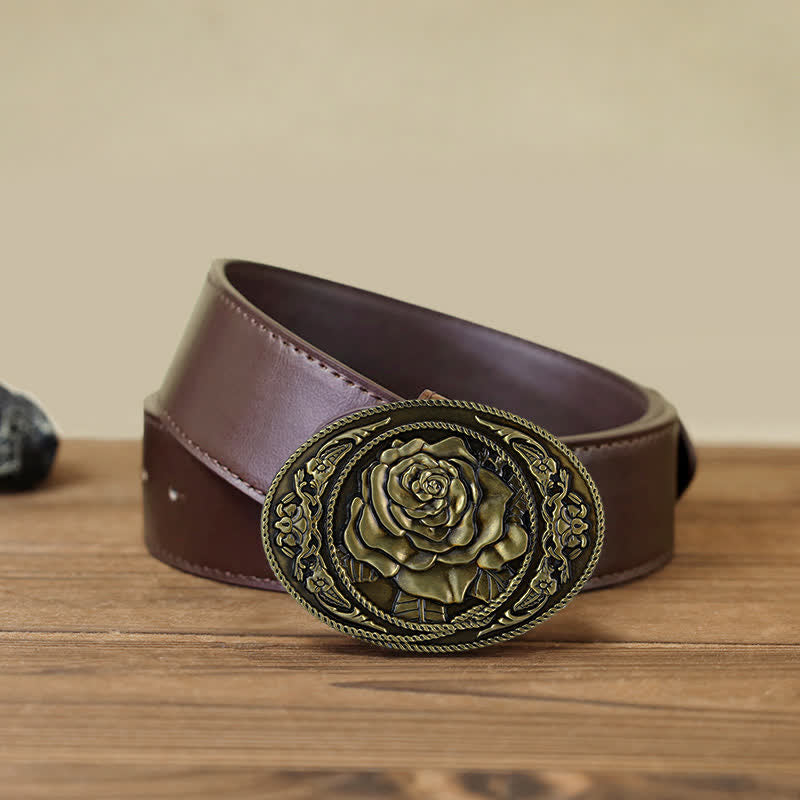 Men's DIY Trendy Western Rose Buckle Leather Belt