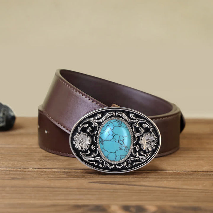 Men's DIY Turquoise Stone Western Buckle Leather Belt