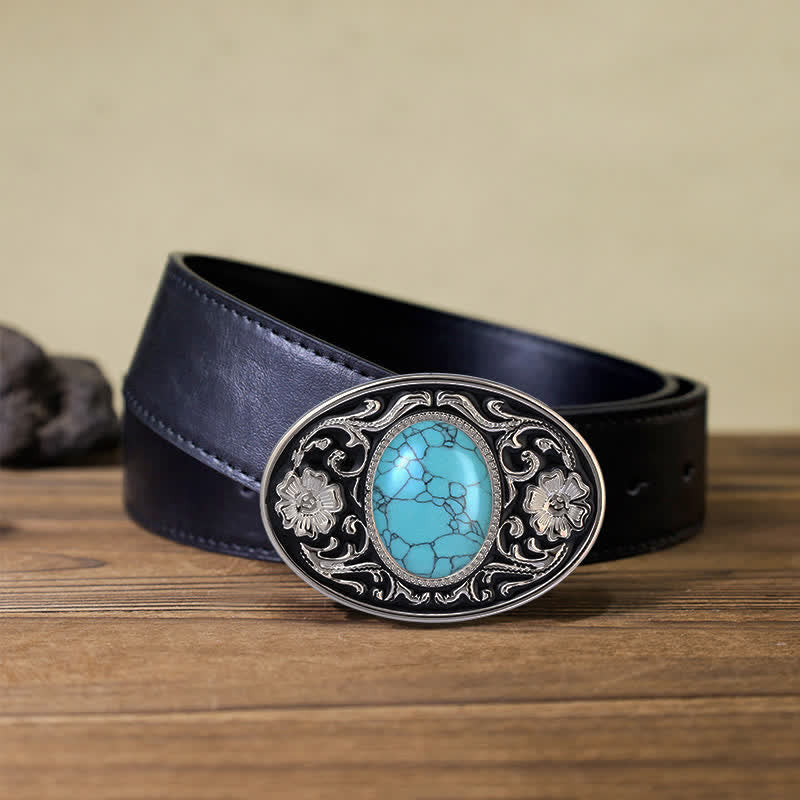 Men's DIY Turquoise Stone Western Buckle Leather Belt