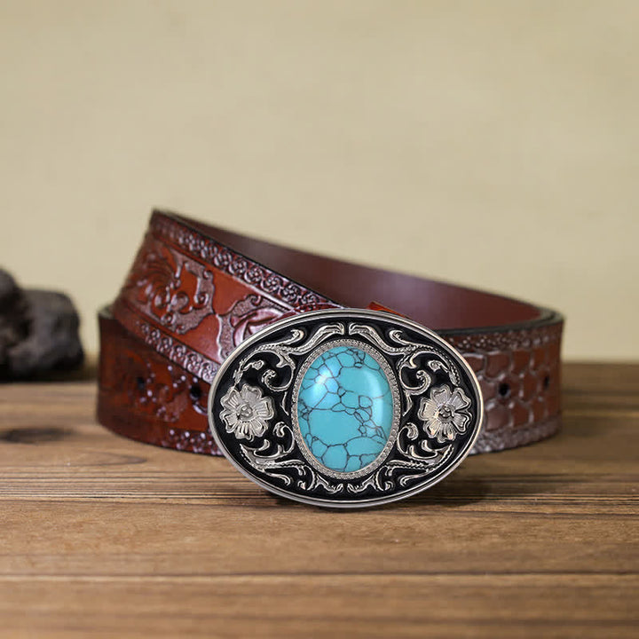 Men's DIY Turquoise Stone Western Buckle Leather Belt