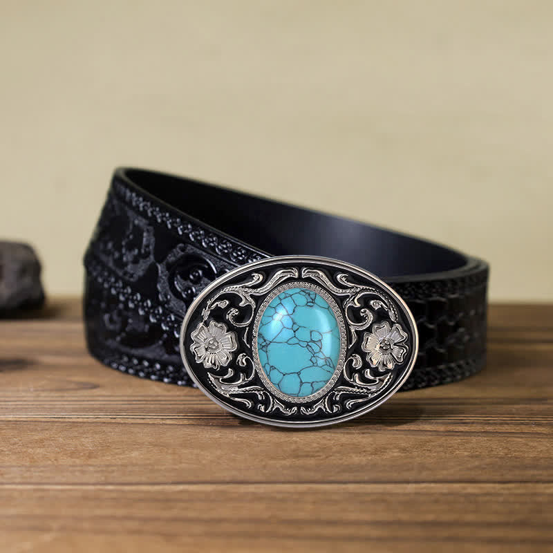 Men's DIY Turquoise Stone Western Buckle Leather Belt