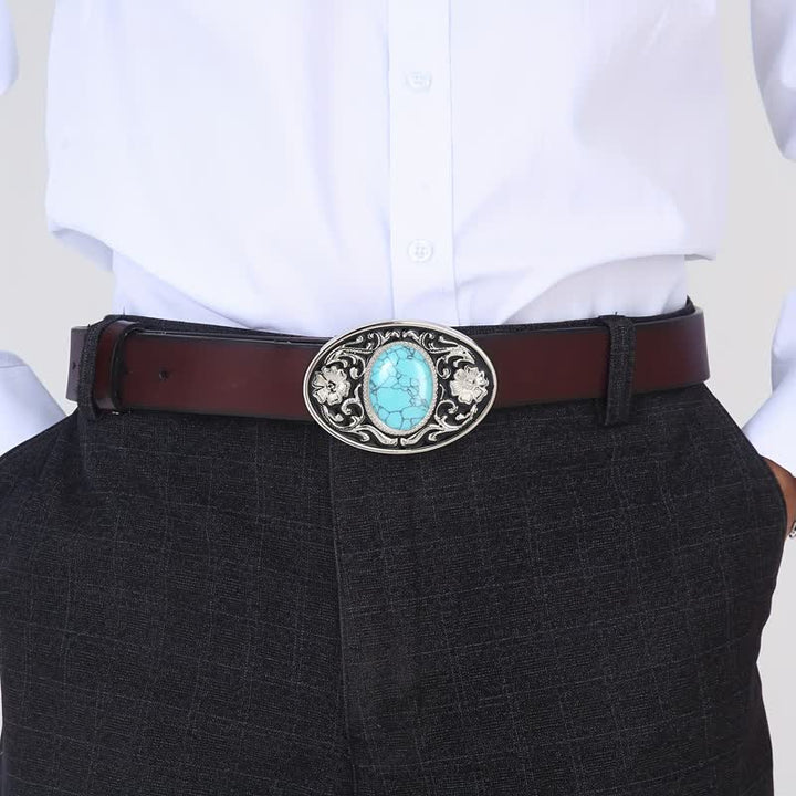 Men's DIY Turquoise Stone Western Buckle Leather Belt