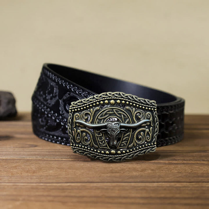 Men's DIY Hollow Bull Head Buckle Leather Belt