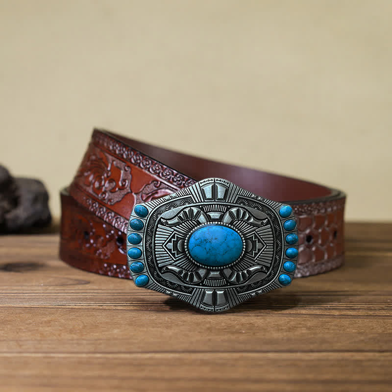 Men's DIY Artificial Turquoise Bohemia Buckle Leather Belt