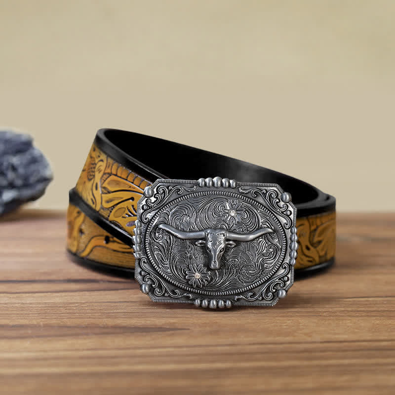 Men's DIY Longhorn Bull Head Buckle Leather Belt