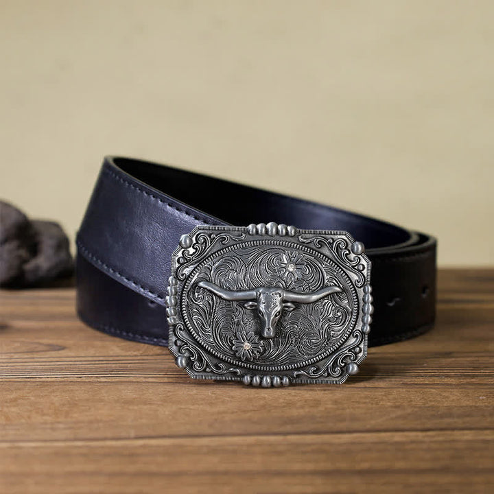 Men's DIY Longhorn Bull Head Buckle Leather Belt