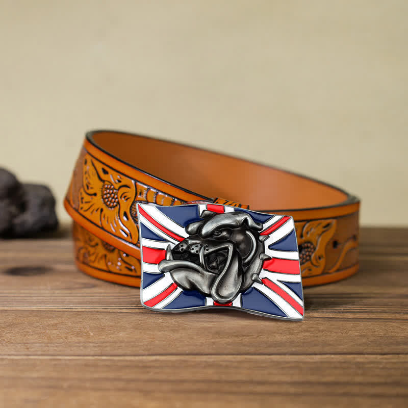 Men's DIY British Flag Bulldog Head Buckle Leather Belt