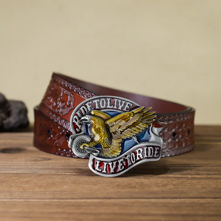 Men's DIY Eagle On Wheels Live to Ride Buckle Leather Belt