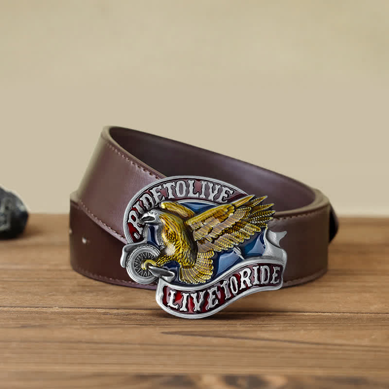 Men's DIY Eagle On Wheels Live to Ride Buckle Leather Belt