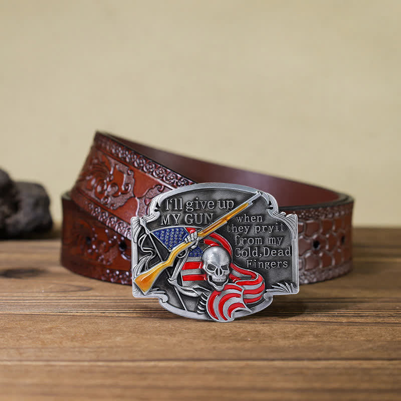 Men's DIY Give Up My Gun Skull Buckle Leather Belt