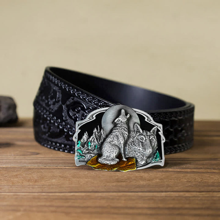 Men's DIY Two Wolves Forest Buckle Leather Belt