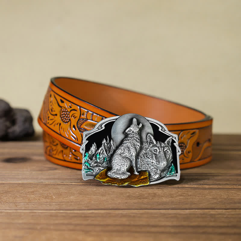 Men's DIY Two Wolves Forest Buckle Leather Belt