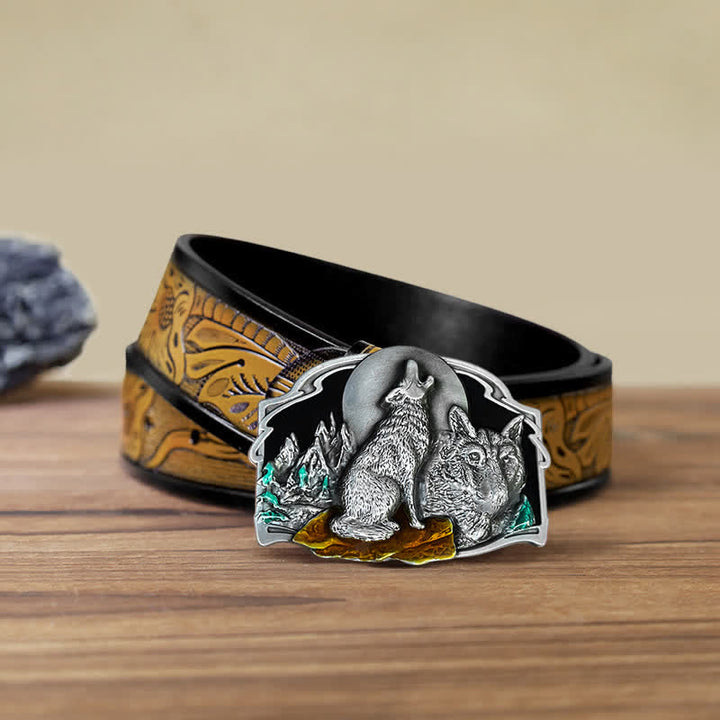 Men's DIY Two Wolves Forest Buckle Leather Belt