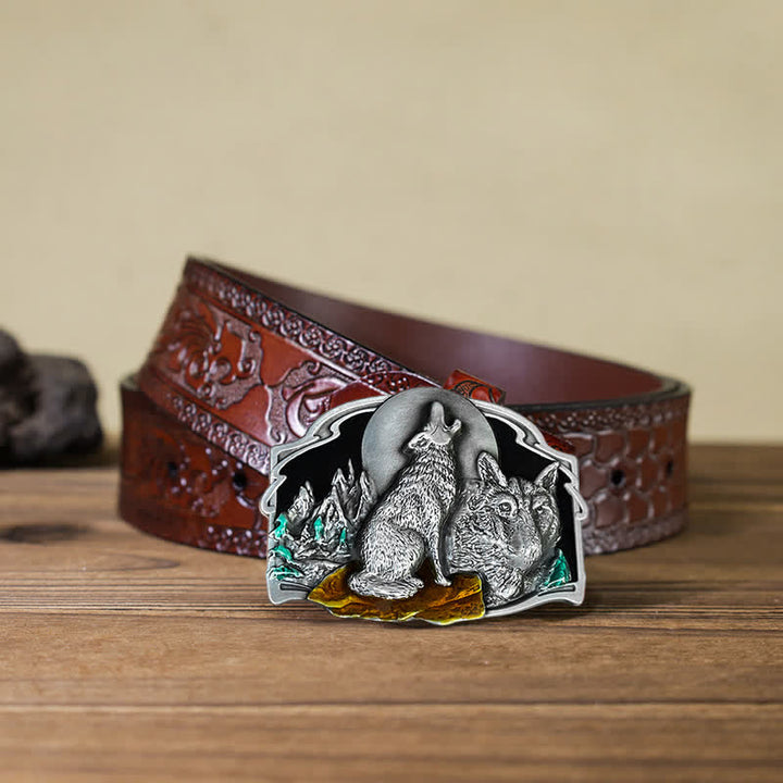 Men's DIY Two Wolves Forest Buckle Leather Belt