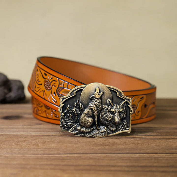 Men's DIY Two Wolves Forest Buckle Leather Belt