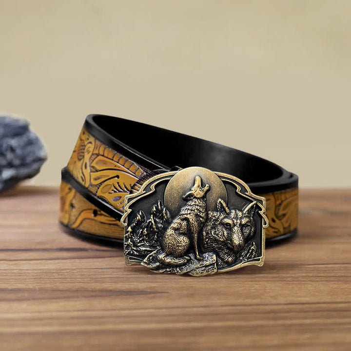 Men's DIY Two Wolves Forest Buckle Leather Belt