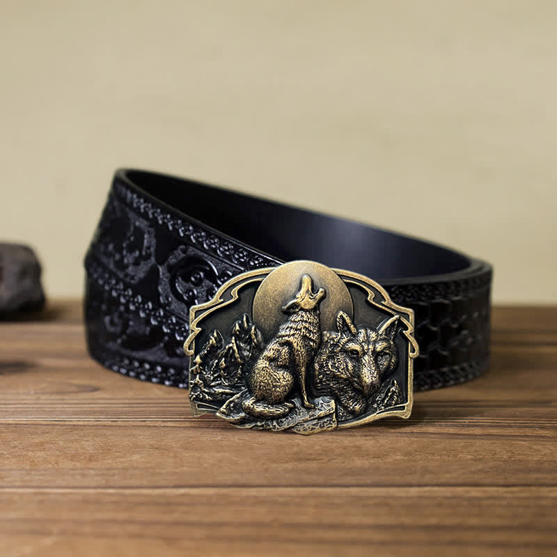 Men's DIY Two Wolves Forest Buckle Leather Belt