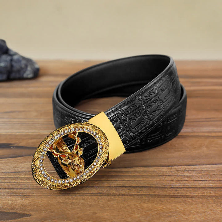 Men's DIY Rhinestone Deer Automatic Buckle Leather Belt