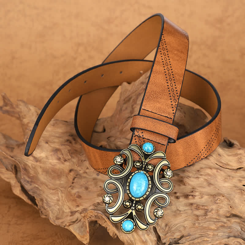 Women's Bohemian Turquoise Stone Floral Buckle Leather Belt