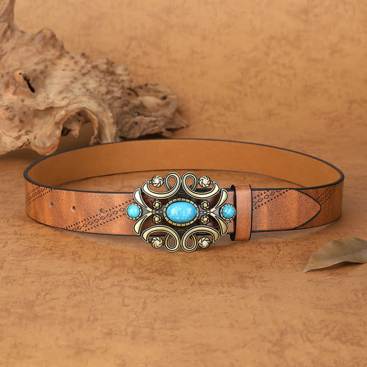 Women's Bohemian Turquoise Stone Floral Buckle Leather Belt