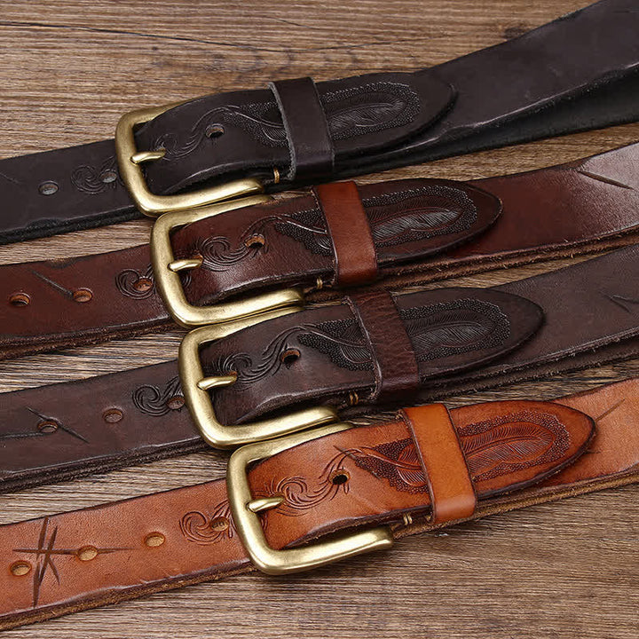 Men's Embossed Feather Pattern Pure Leather Belt