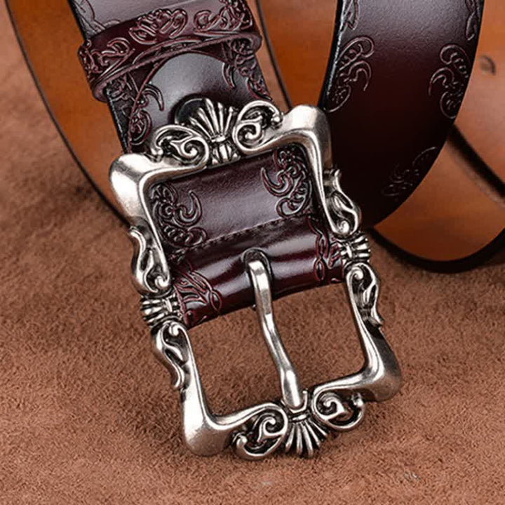 Women's Elegant Carved Flower Buckle Leather Belt