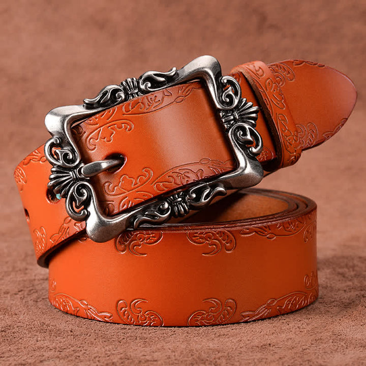 Women's Elegant Carved Flower Buckle Leather Belt