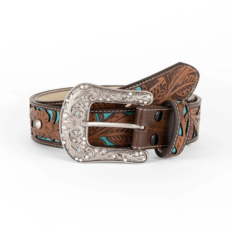 Women's Rhinestone Embossed Flower Dark Brown Leather Belt