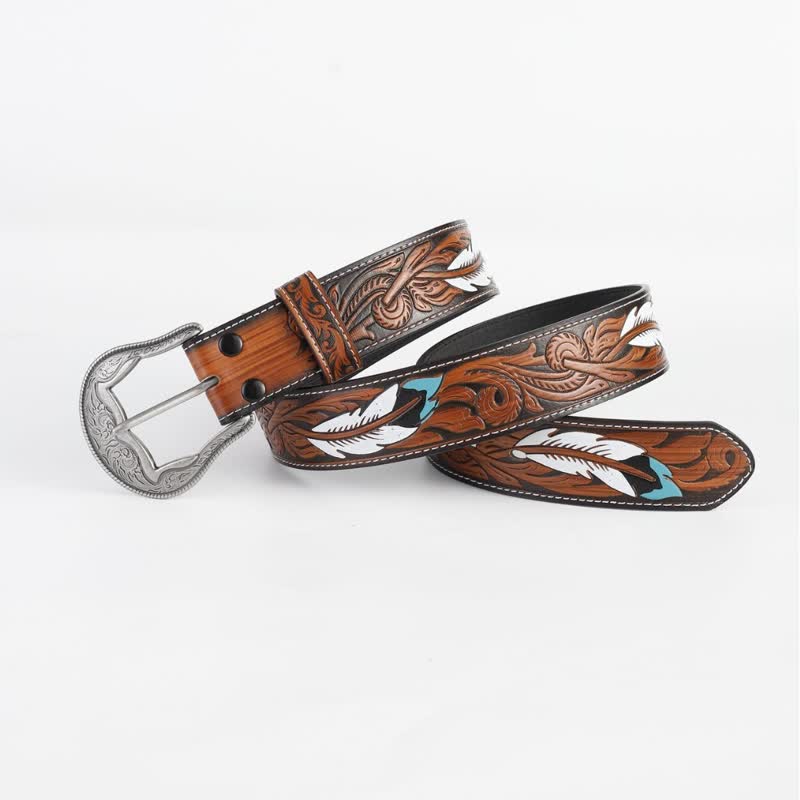 Women's Vintage Engraved Feather Printed Leather Belt