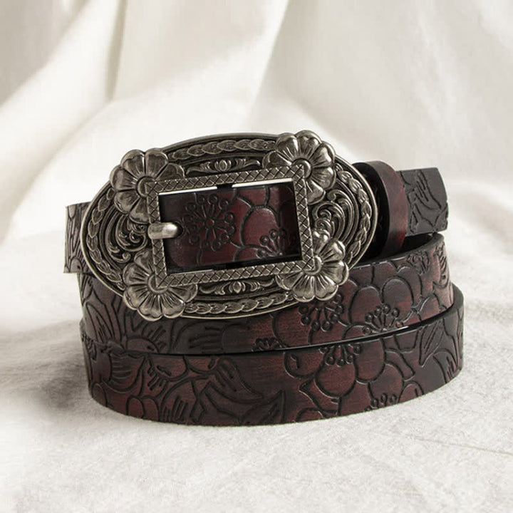 Women's Distressed Embossed Flower Western Leather Belt