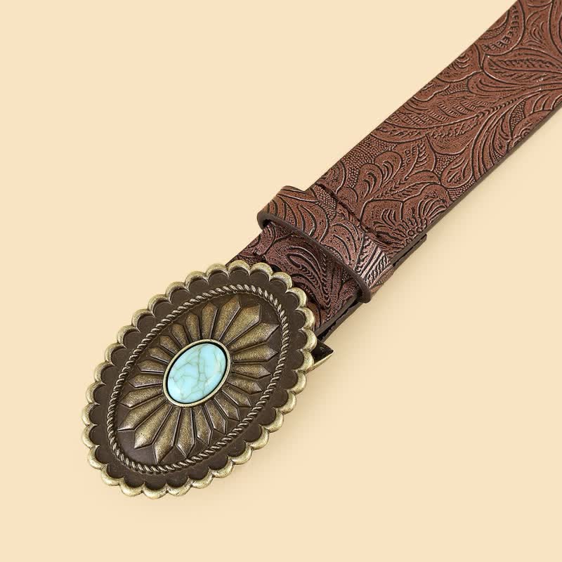 Women's Boho Turquoise Sunflower Brown Leather Belt