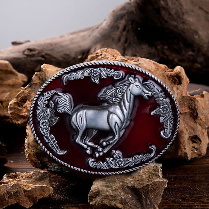 Men's DIY Red Enamel Running Horse Buckle Leather Belt