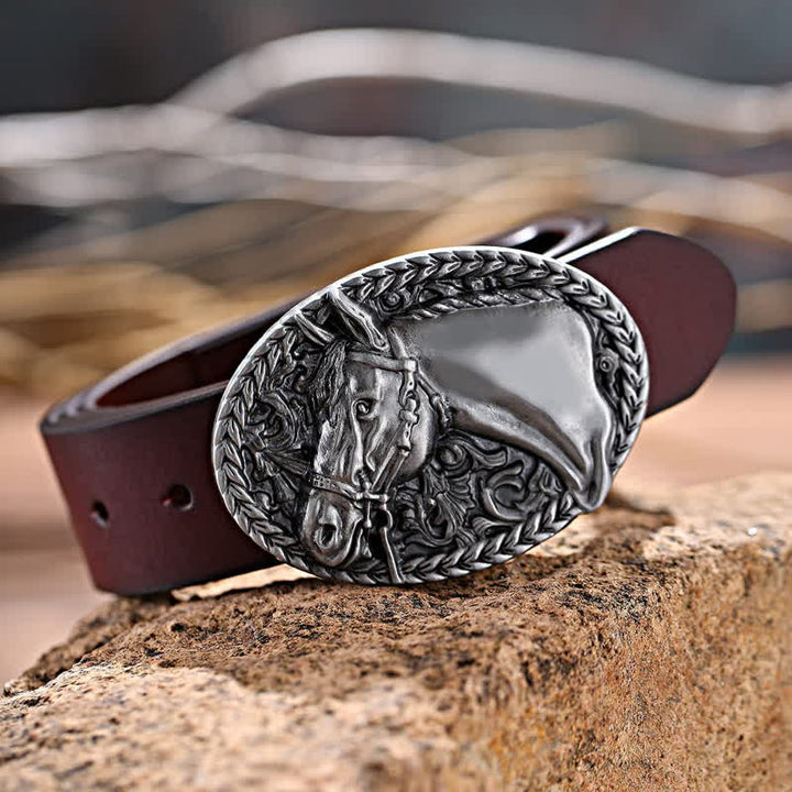 Men's DIY Engraved Horse Head Buckle Leather Belt