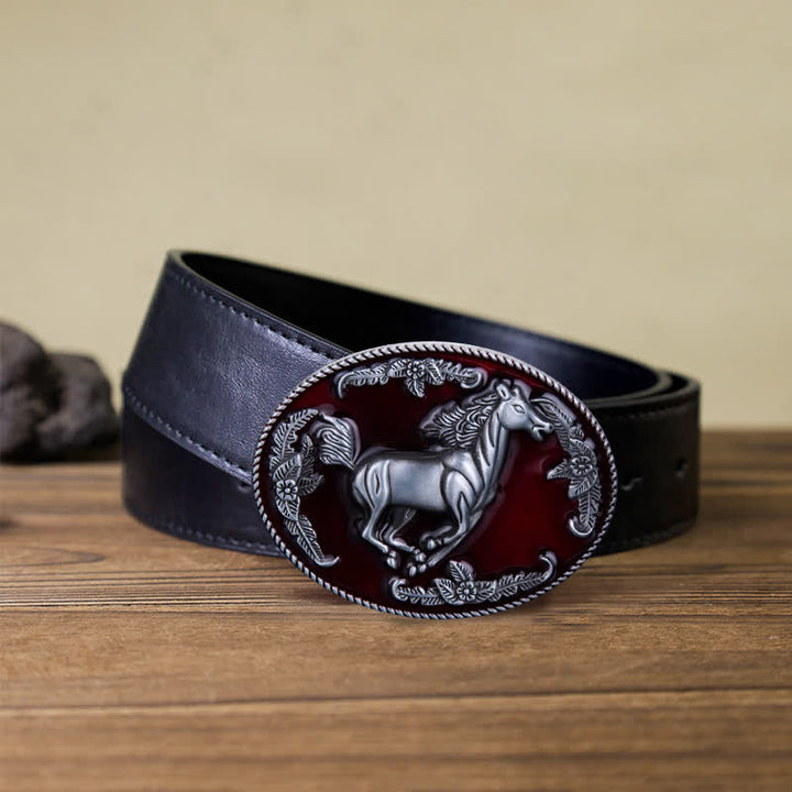 Men's DIY Red Enamel Running Horse Buckle Leather Belt