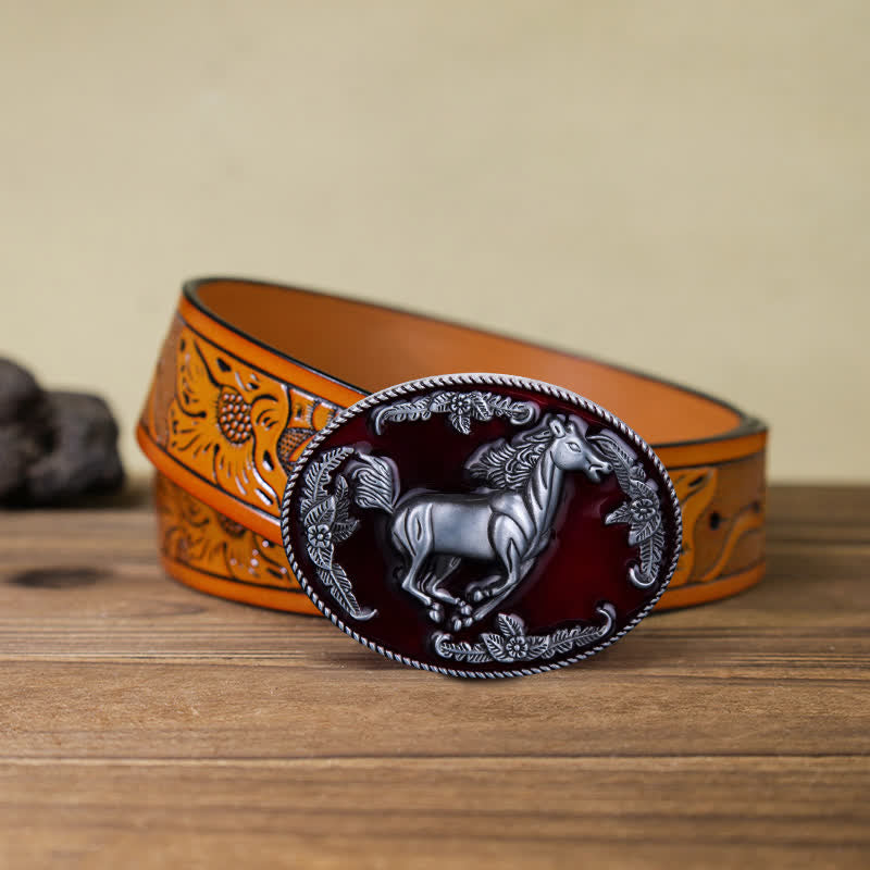 Men's DIY Red Enamel Running Horse Buckle Leather Belt