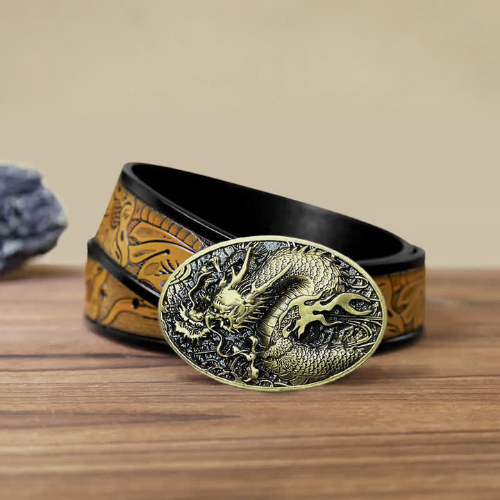 Men's DIY Large Fire Dragon Buckle Leather Belt