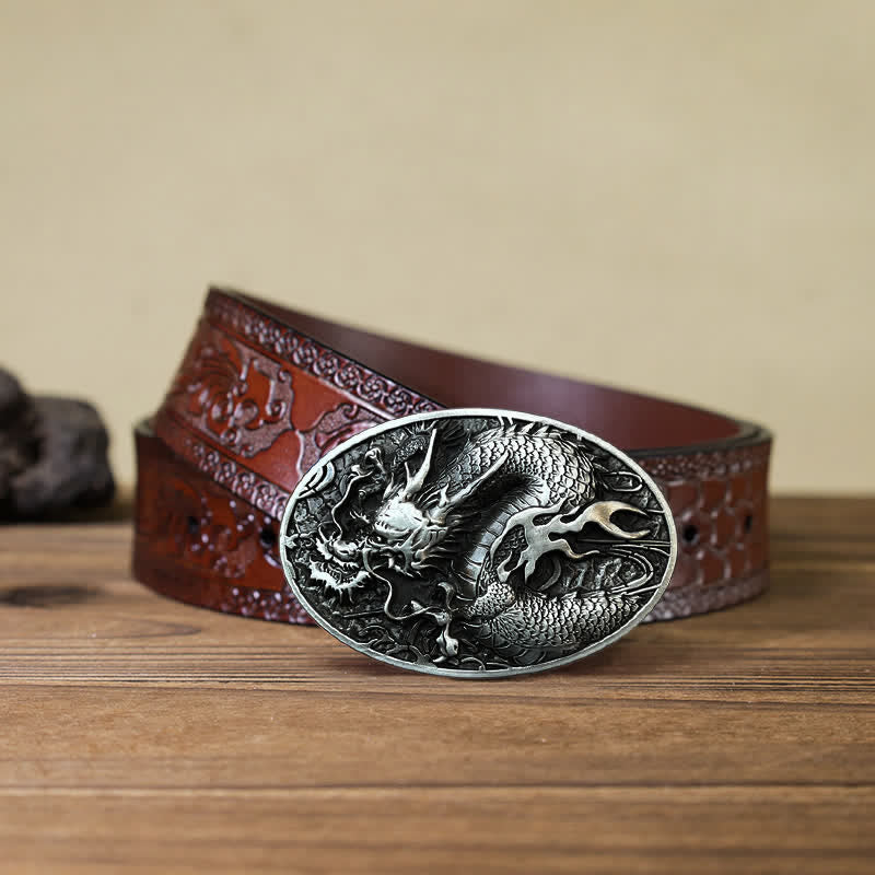 Men's DIY Large Fire Dragon Buckle Leather Belt