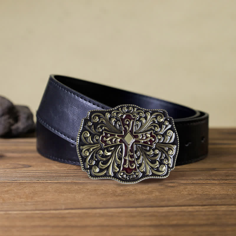 Men's DIY Red Enamel Cross Buckle Leather Belt