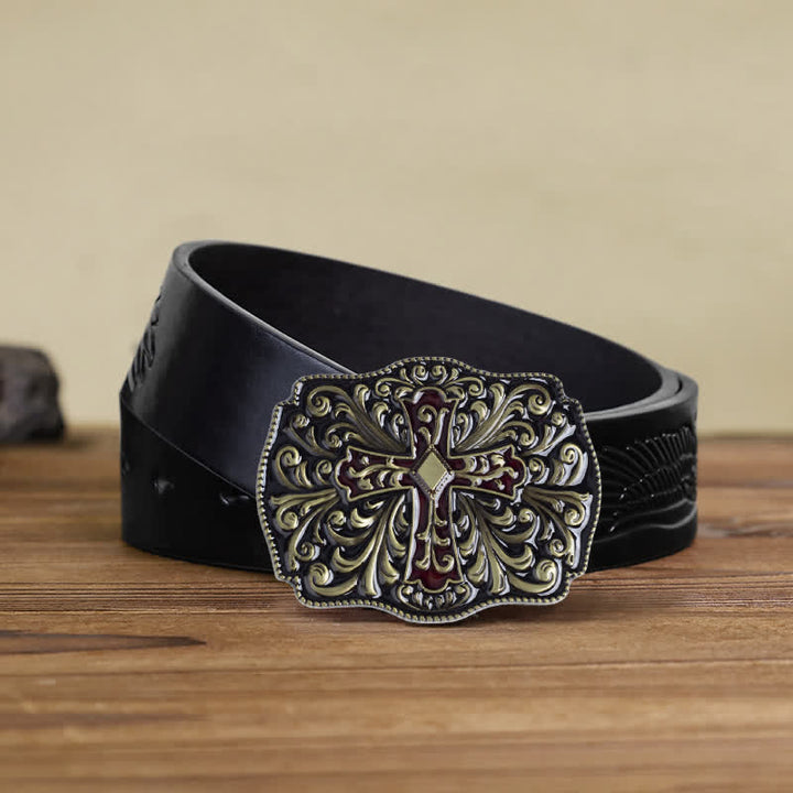 Men's DIY Red Enamel Cross Buckle Leather Belt