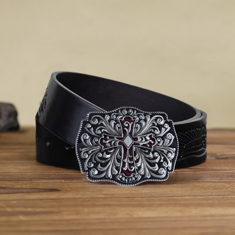 Men's DIY Red Enamel Cross Buckle Leather Belt