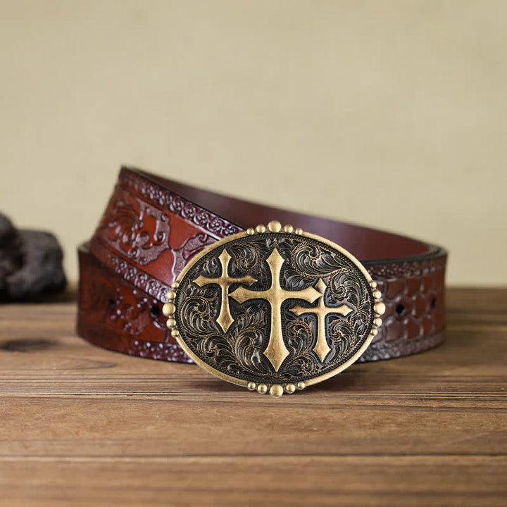 Men's DIY Three Crosses Attitude Buckle Leather Belt