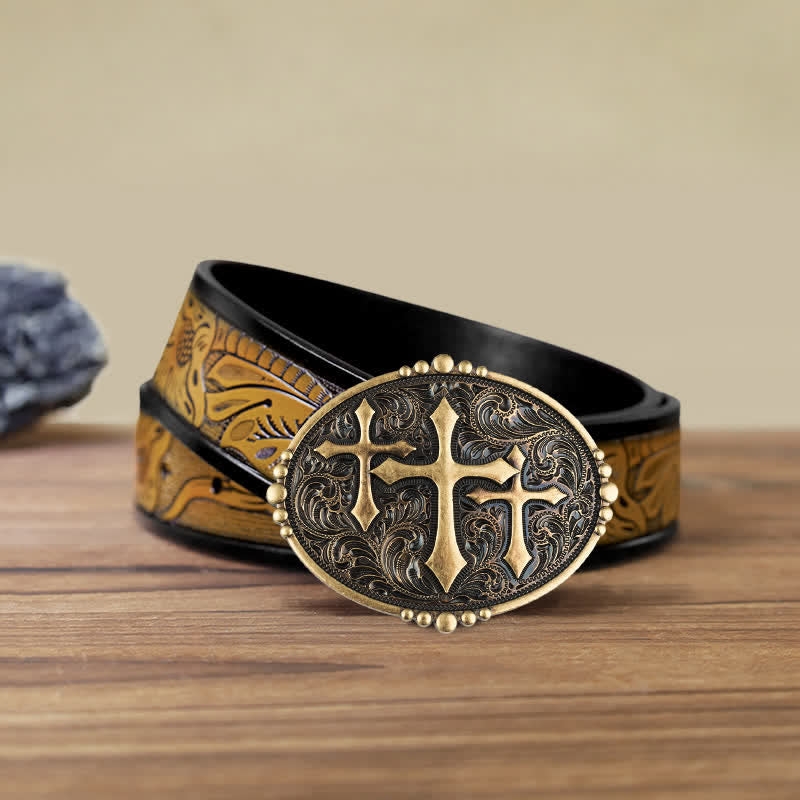 Men's DIY Three Crosses Attitude Buckle Leather Belt