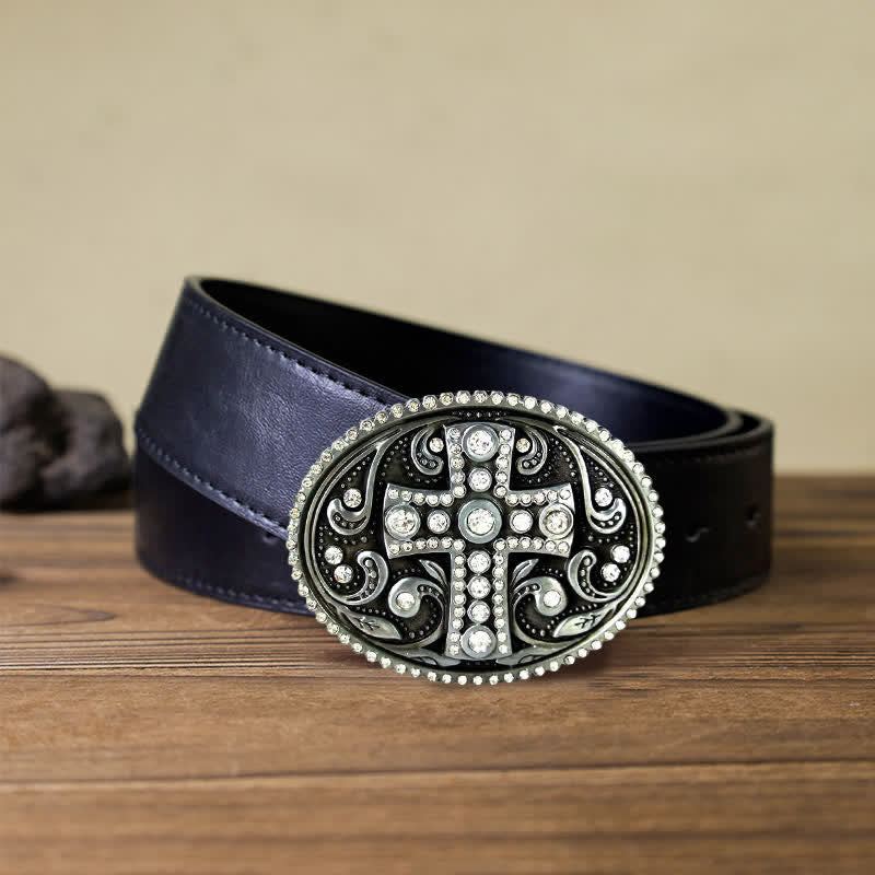 Men's DIY Crystal Rhinestone Cross Buckle Leather Belt