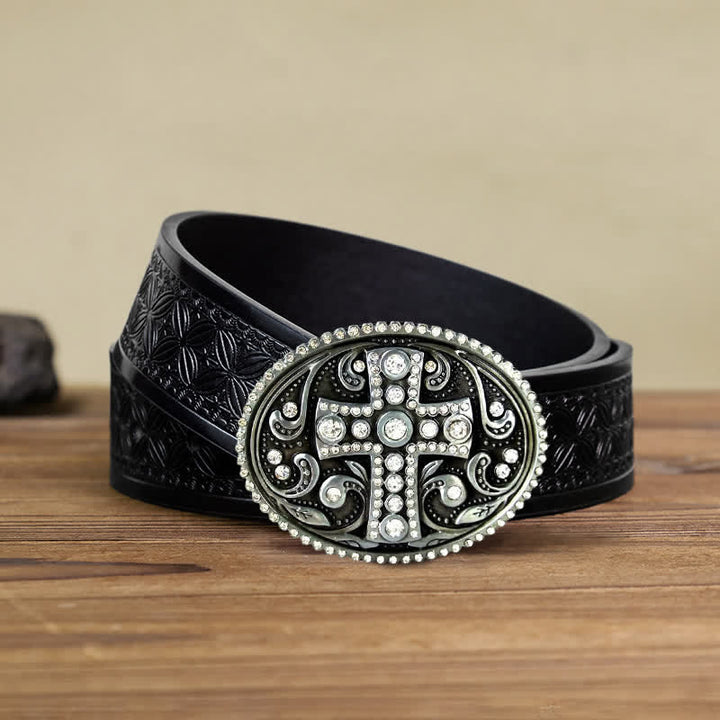 Men's DIY Crystal Rhinestone Cross Buckle Leather Belt