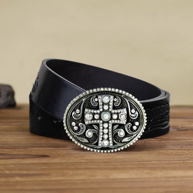 Men's DIY Crystal Rhinestone Cross Buckle Leather Belt