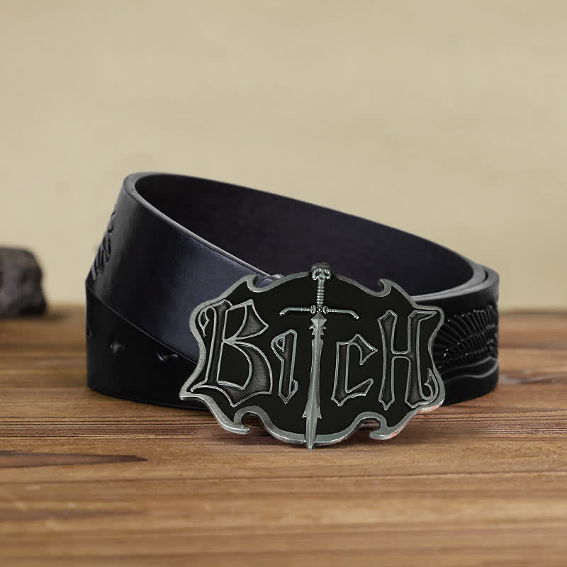 Men's DIY Skull Sword Black Enamel Buckle Leather Belt