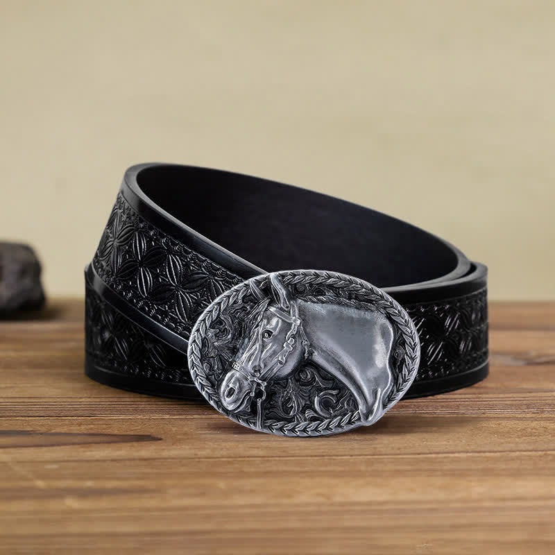 Men's DIY Engraved Horse Head Buckle Leather Belt